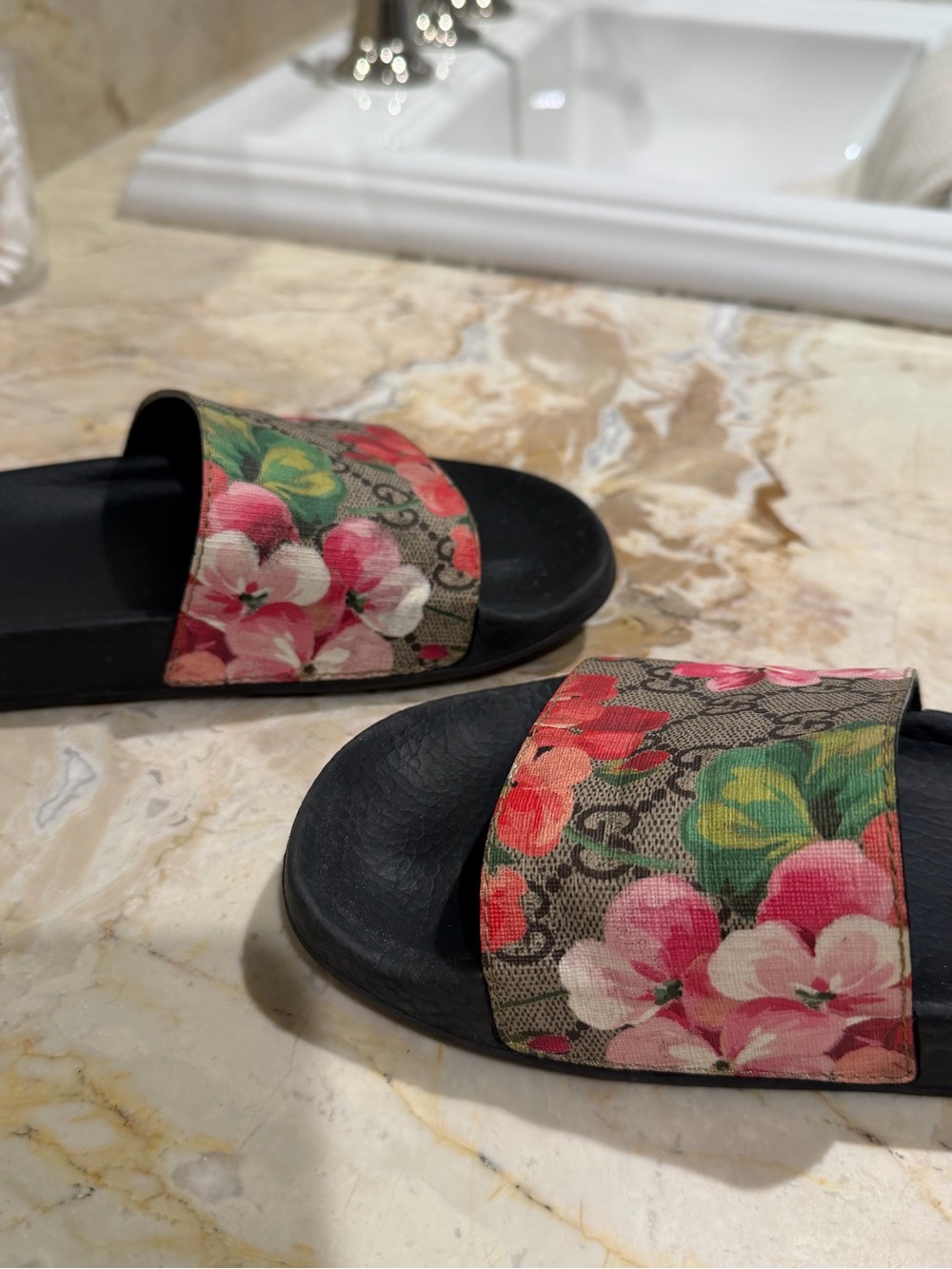 Gucci Floral GG Slide Sandals - Black Footbed with Pink & Green Flowers - Picture 3 of 4